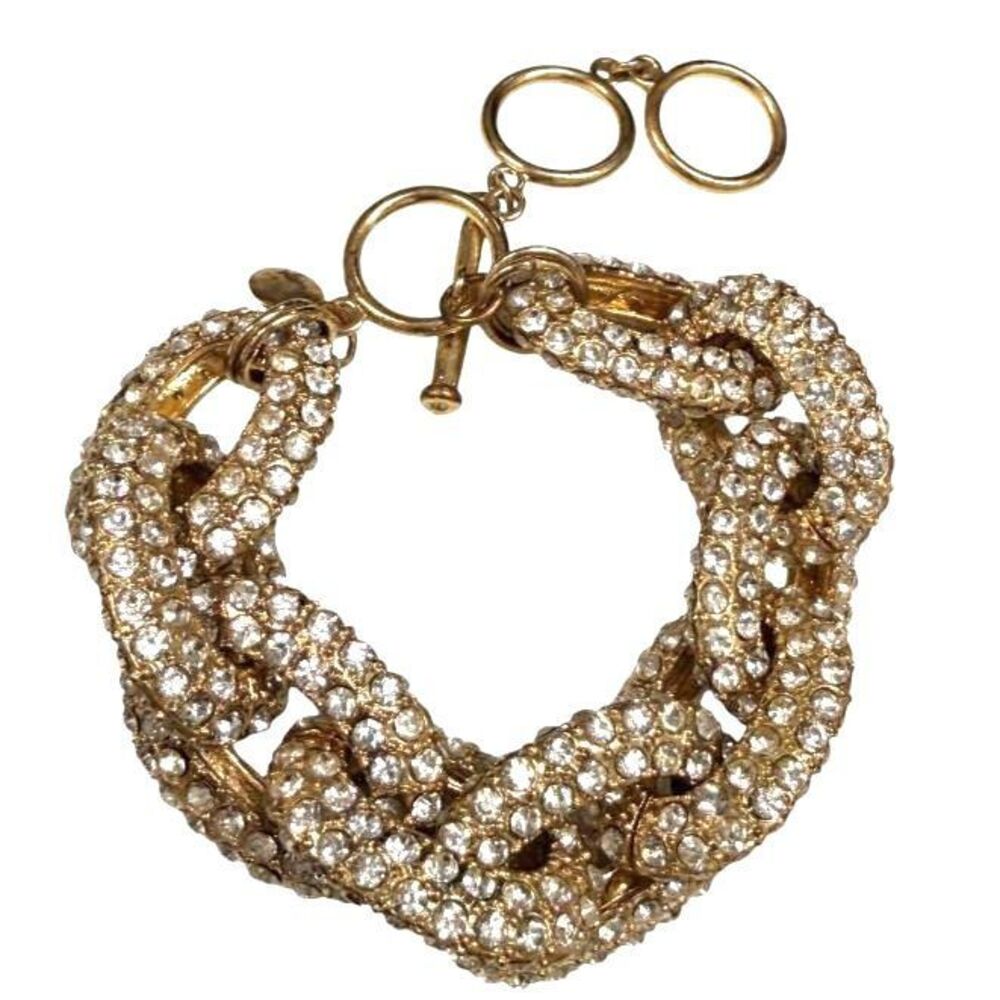 J.Crew Archive Pavé Crystal Chunky Chain Link Bracelet Gold Tone Toggle Closure